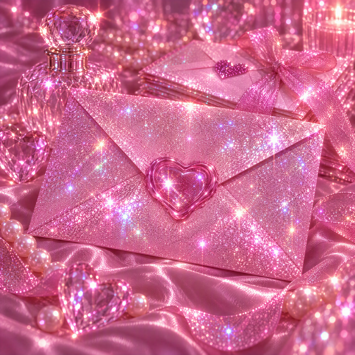 A heart-sealed pink glitter envelope on rose satin with pearls and faceted glass.