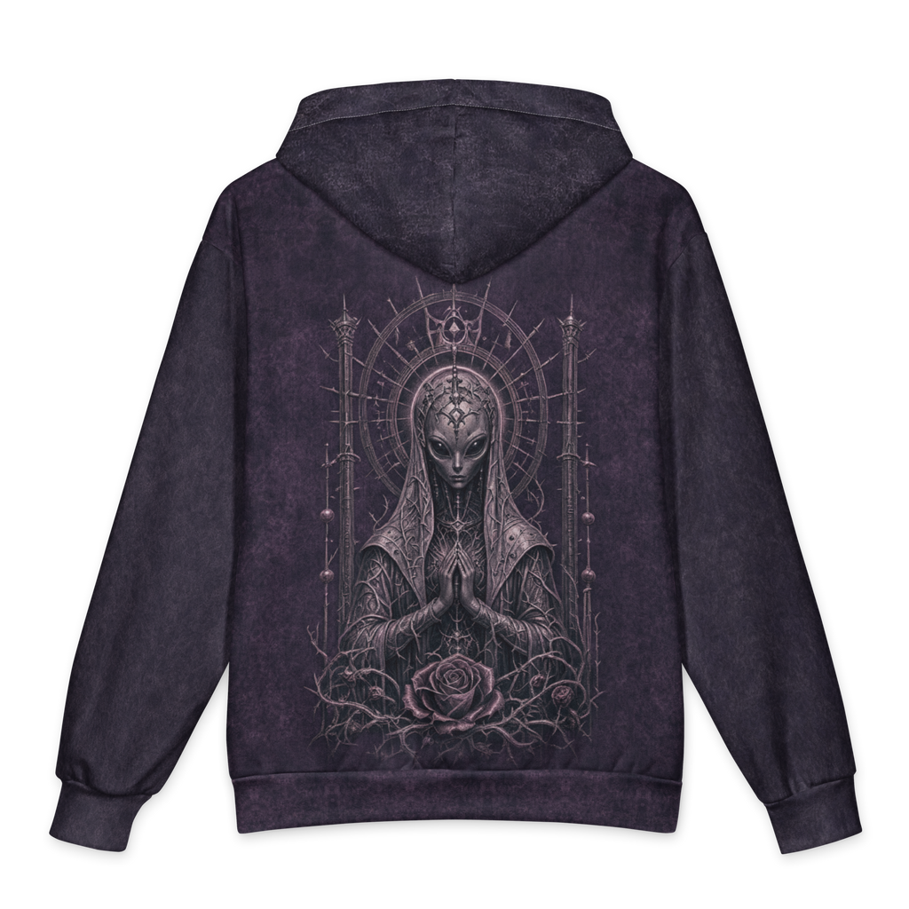 Divine Mutation Oversized Cotton Hoodie, Purple Wash, back Printful mockup