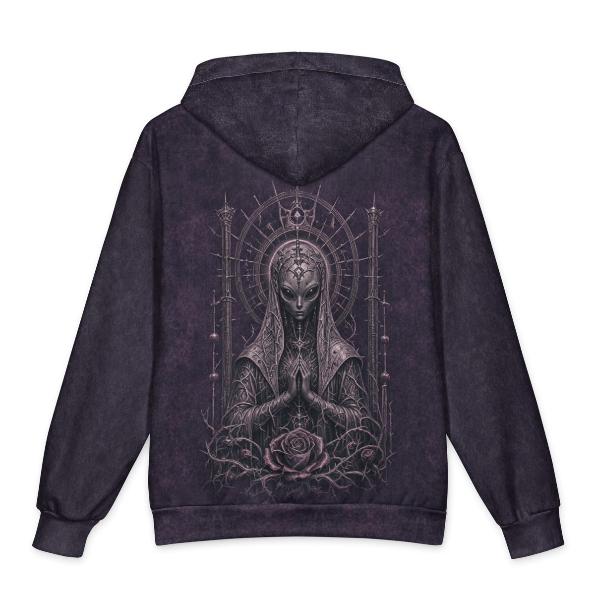 Divine Mutation Oversized Cotton Hoodie, Purple Wash, back Printful mockup