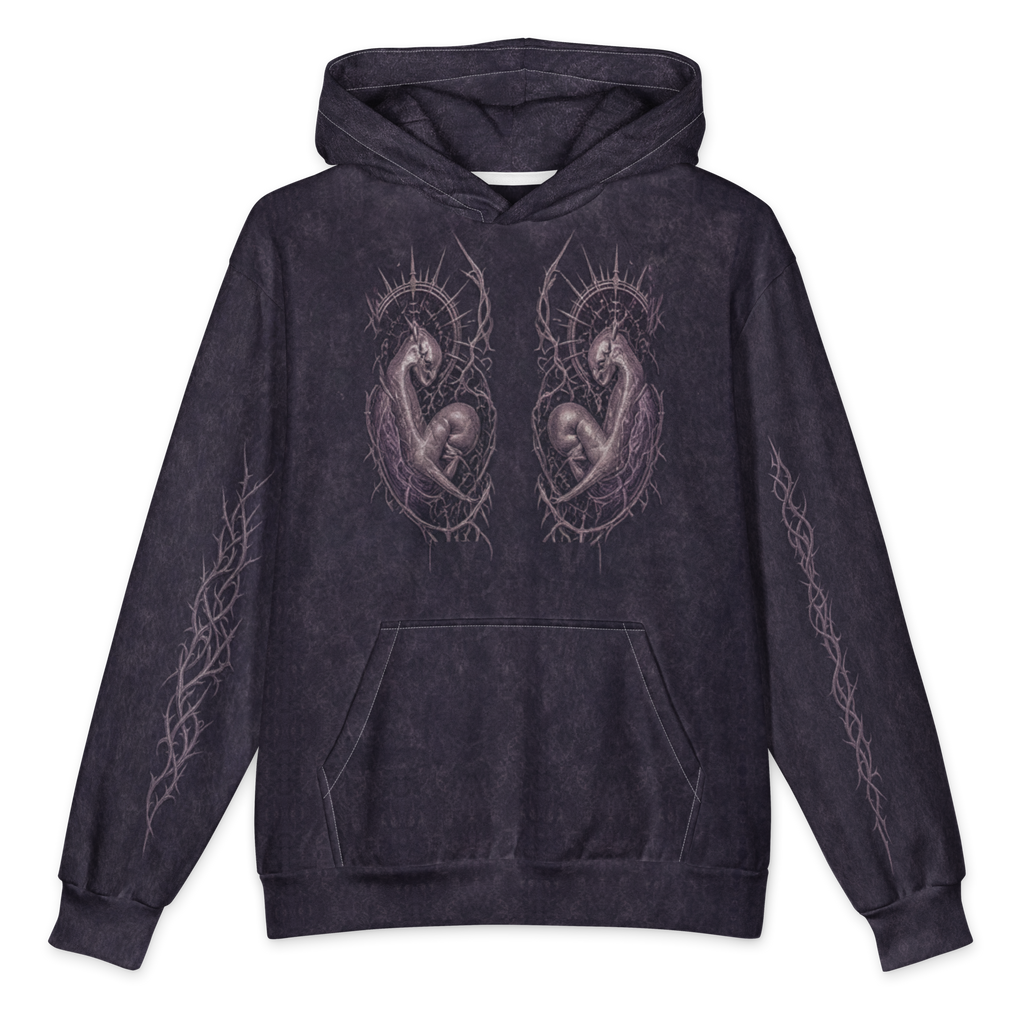 Divine Mutation Oversized Cotton Hoodie, Purple Wash, front Printful mockup