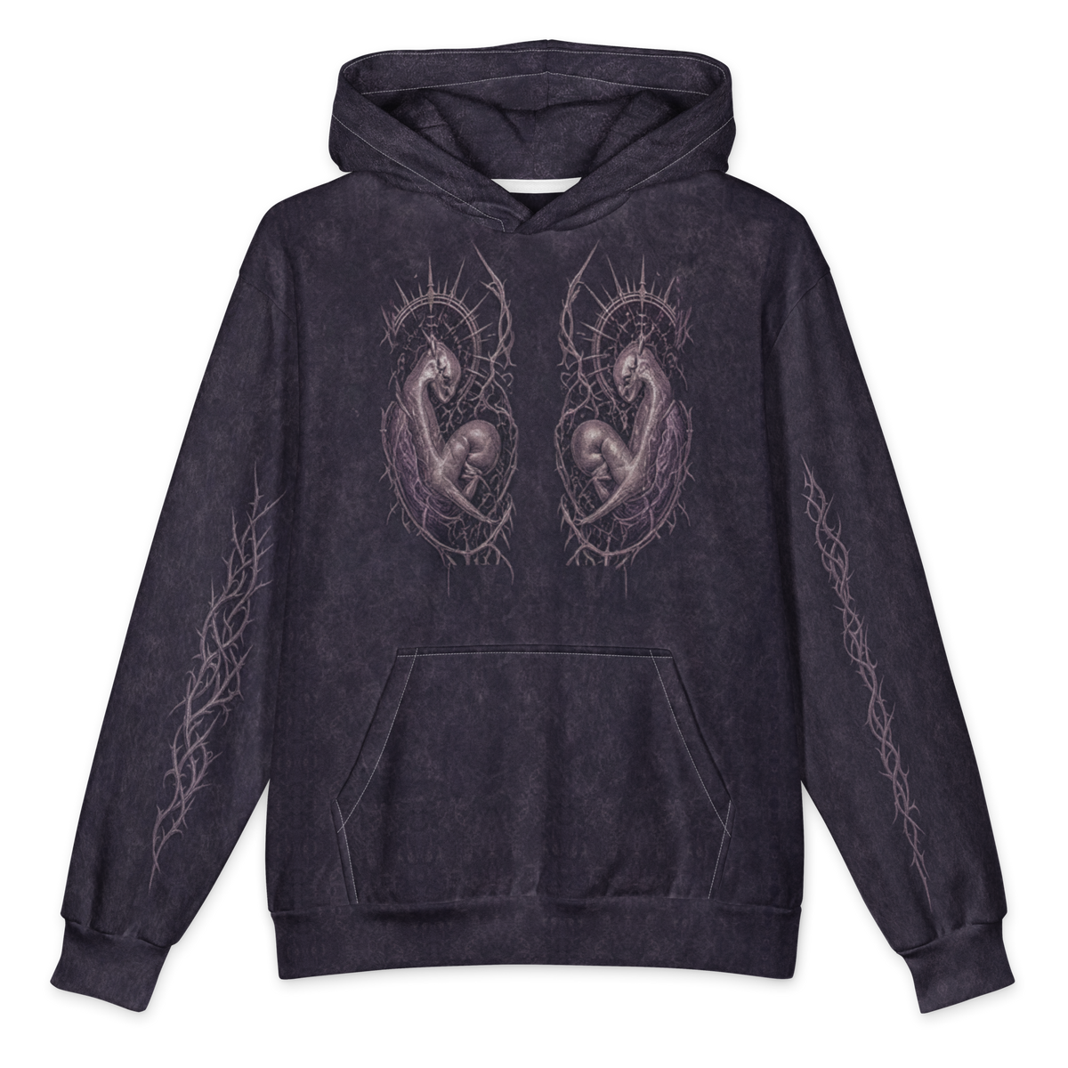 Divine Mutation Oversized Cotton Hoodie, Purple Wash, front Printful mockup