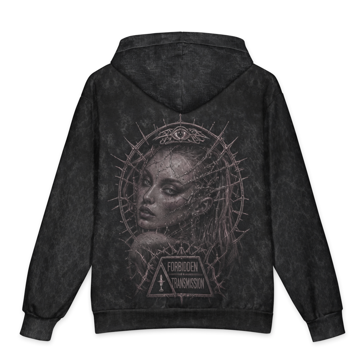 Forbidden Transmission Oversized Cotton Hoodie, Black Wash, back Printful mockup