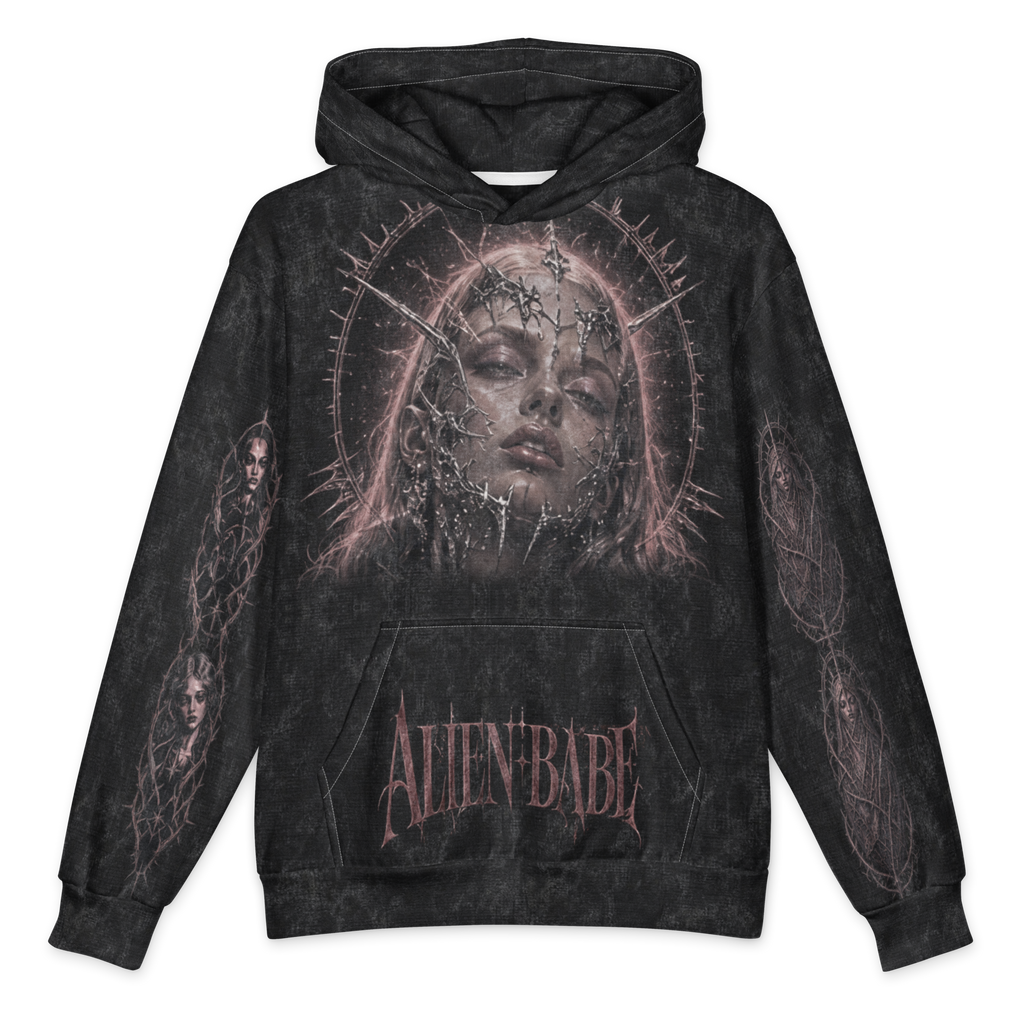 Veiled Madonna Oversized Cotton Hoodie, Black Wash, front Printful mockup