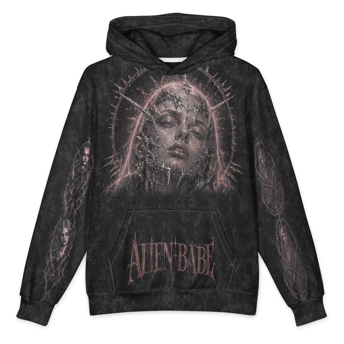 Veiled Madonna Oversized Cotton Hoodie, Black Wash, front Printful mockup