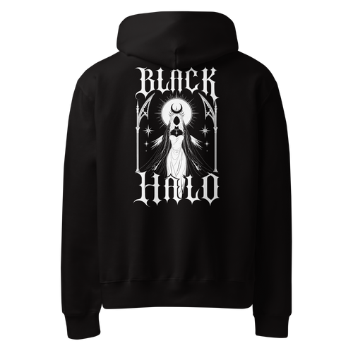 Black hoodie with a white Black Halo graphic and crescent.
