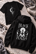 A black hoodie with a white Black Halo graphic beside a black tee with a white crescent and star.