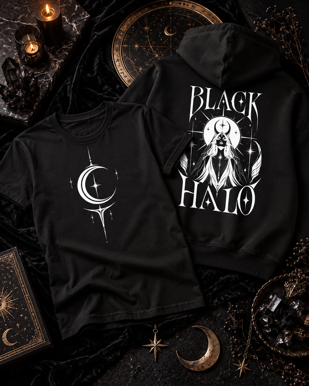 A black hoodie with a white Black Halo graphic beside a black tee with a white crescent and star.