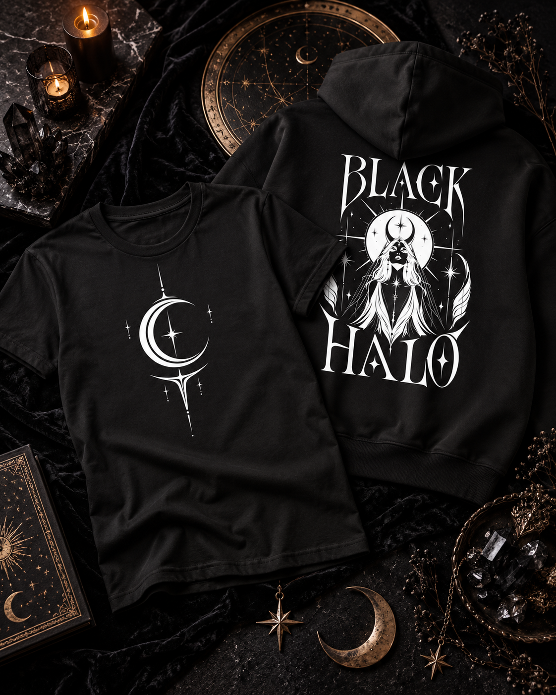 A black hoodie with a white Black Halo graphic beside a black tee with a white crescent and star.