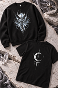 A black crewneck with an icy crystal burst beside a black tee with a white crescent and star.