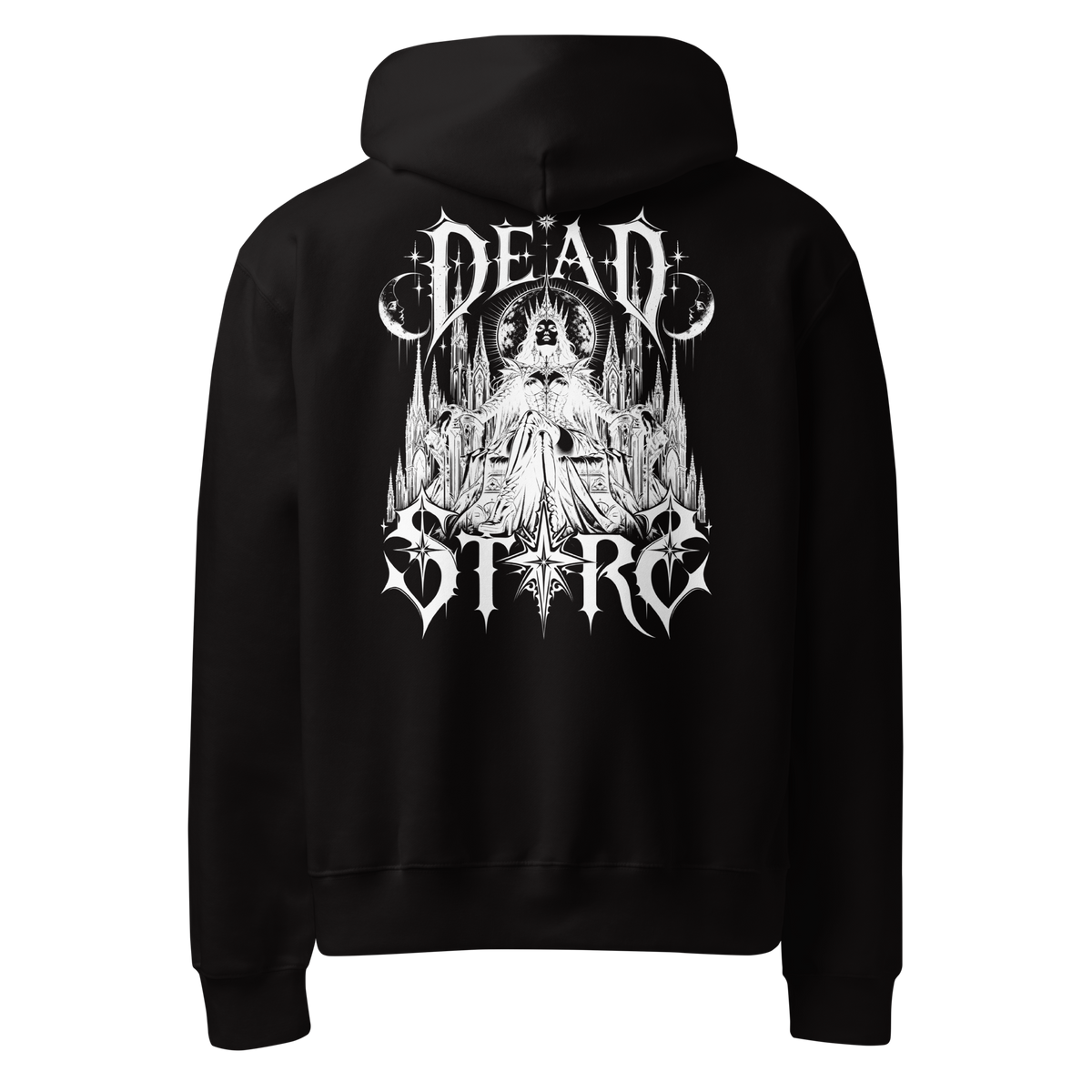 Black hoodie with a white Dead Stars graphic.