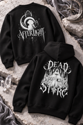 A black hoodie with a white Dead Stars graphic beside a black crewneck with a white Afterlight graphic.