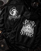 A black hoodie with a white Dead Stars graphic beside a black crewneck with a white Afterlight graphic.