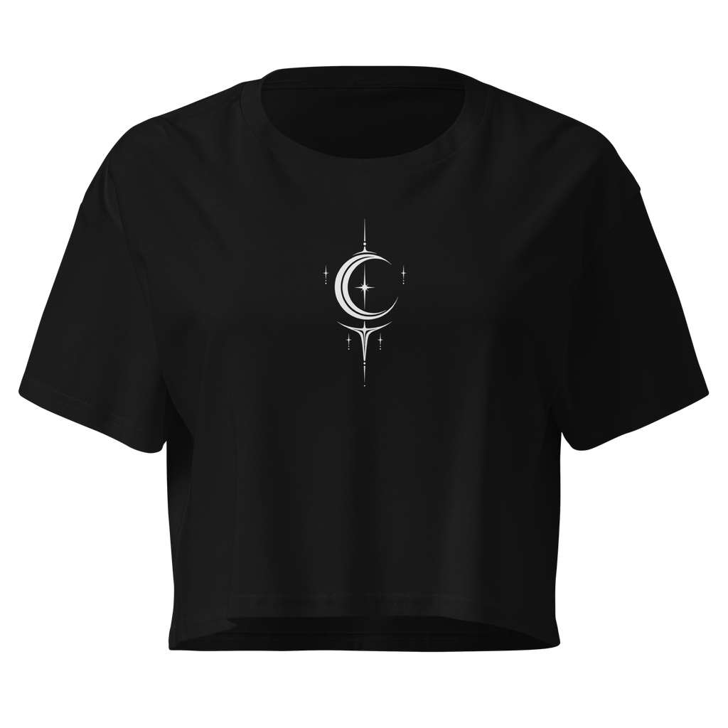 Black cropped top with a white crescent and star graphic.