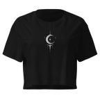 Black cropped top with a white crescent and star graphic.