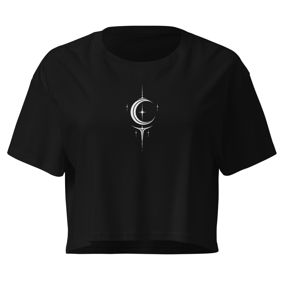 Black cropped top with a white crescent and star graphic.