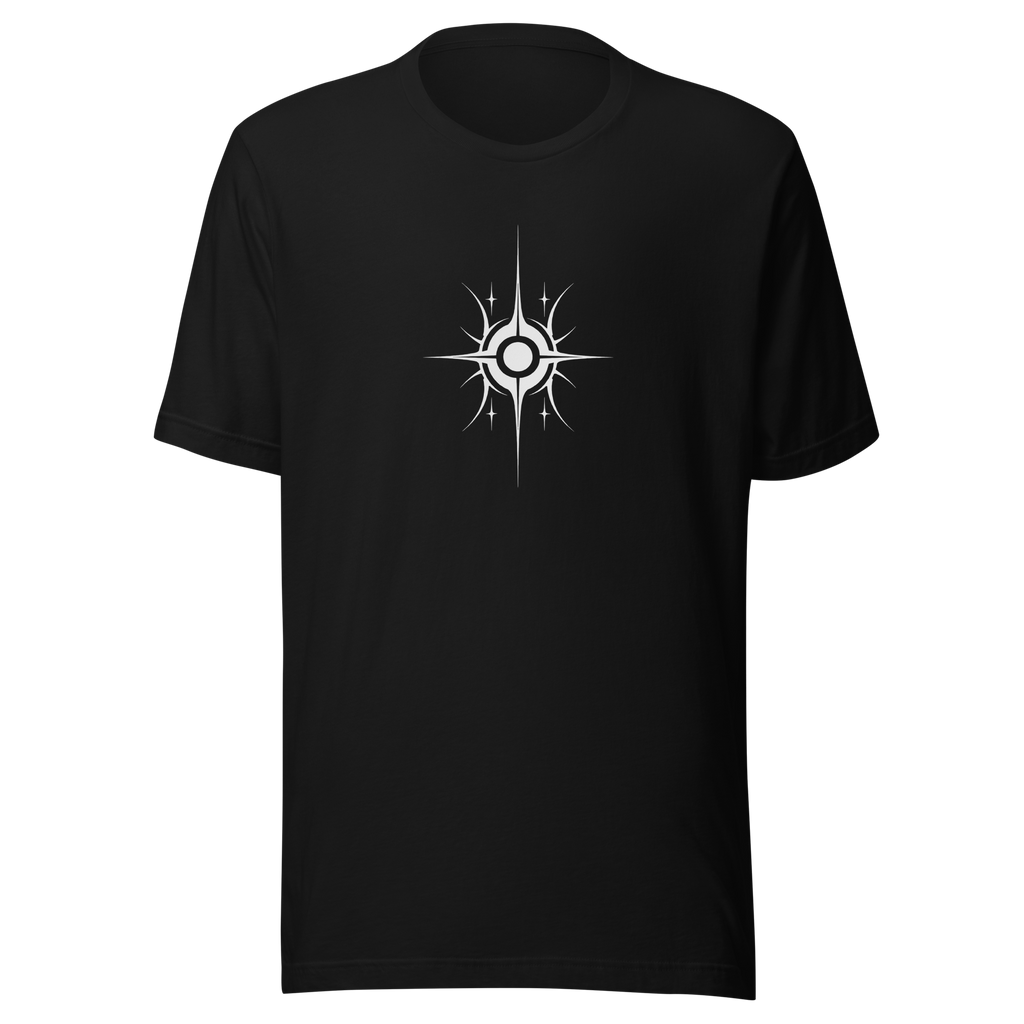 Black tee with a white radial sun graphic.