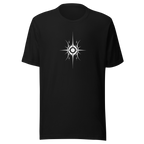 Black tee with a white radial sun graphic.