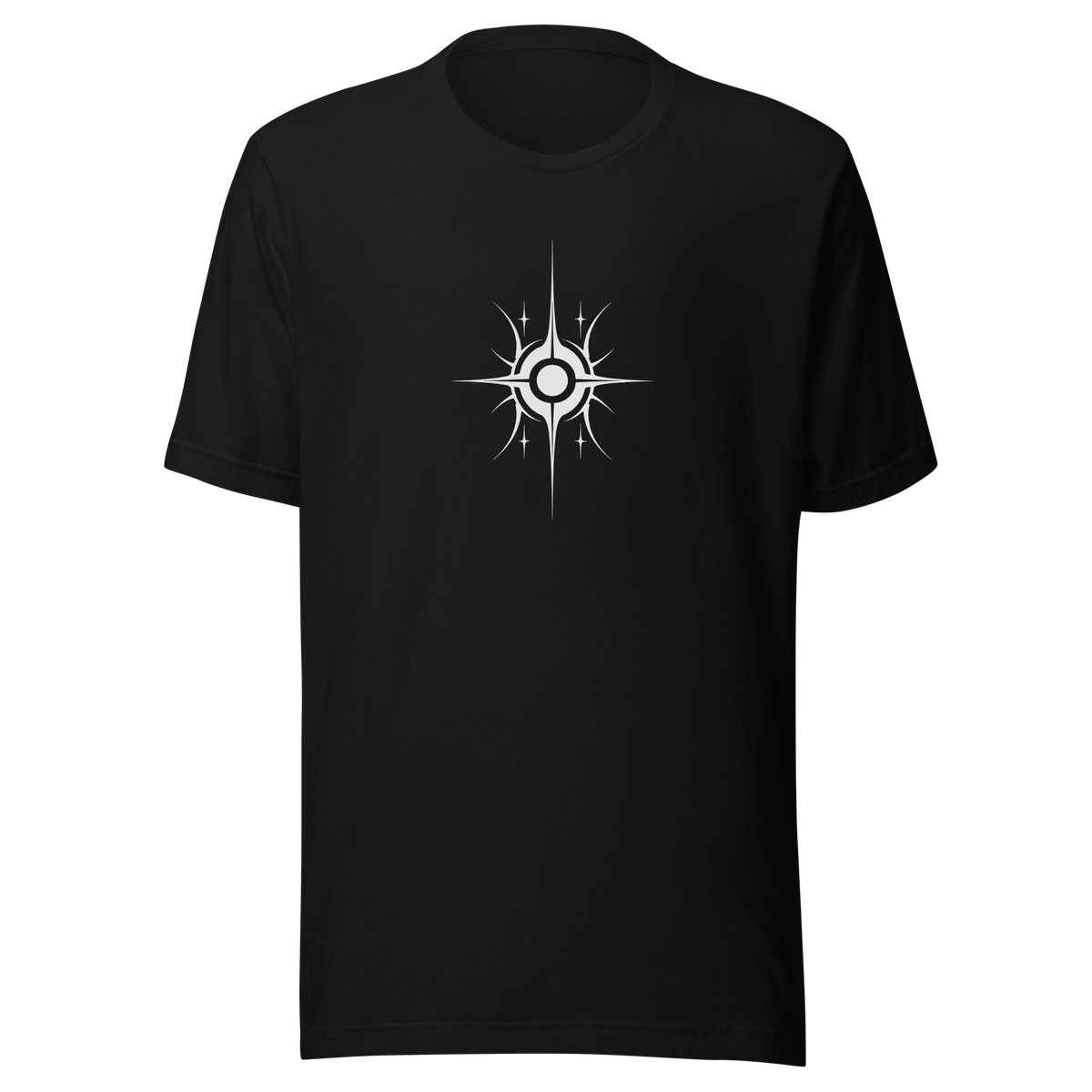 Black tee with a white radial sun graphic.