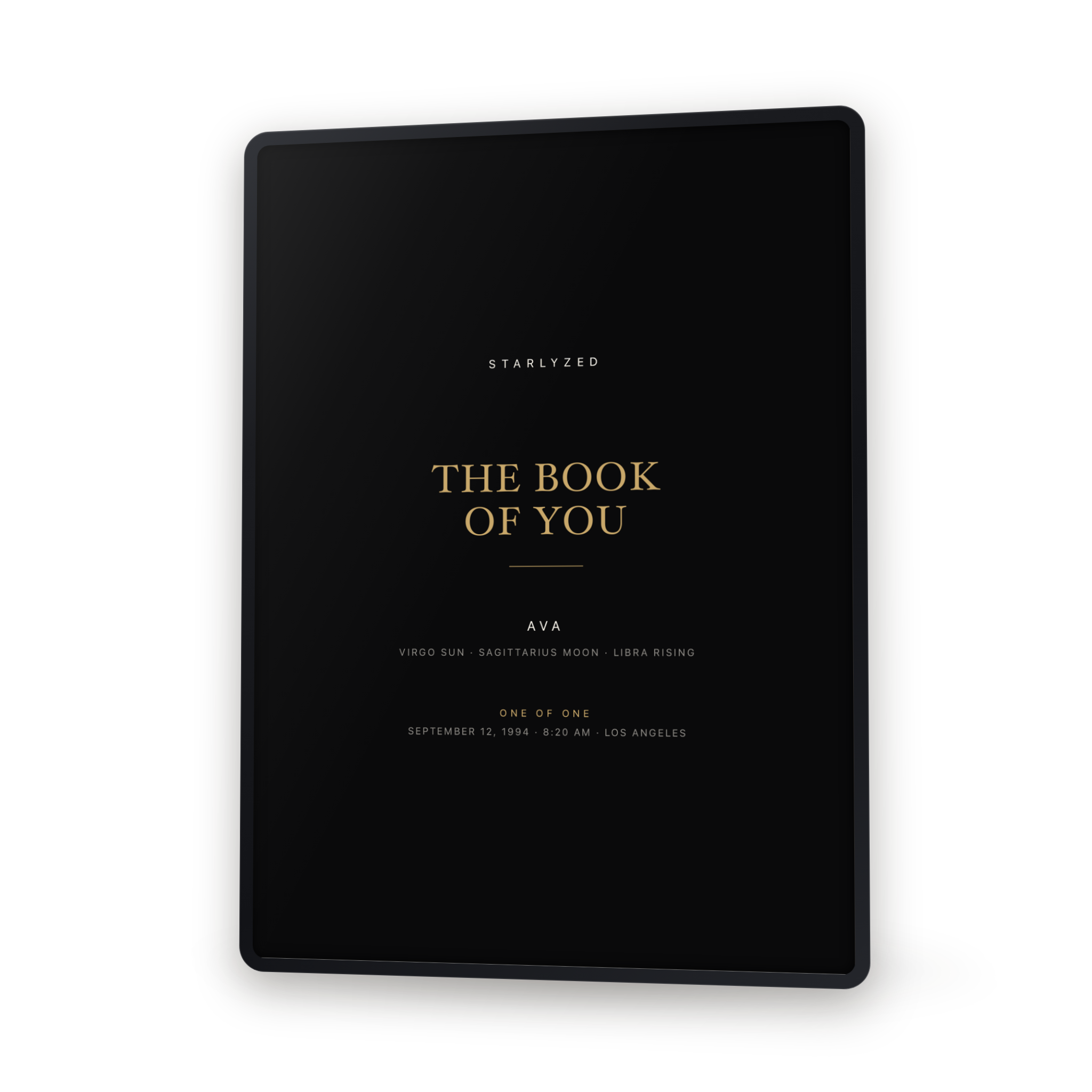The Book of You, the personalised PDF open on a tablet, showing the cover cast for a sample chart