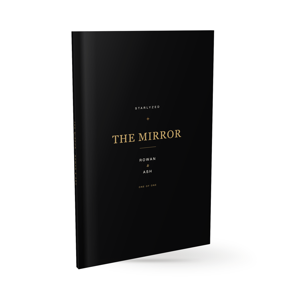 The Mirror as a 6x9 casewrap hardcover, gold on black, printed for a sample couple