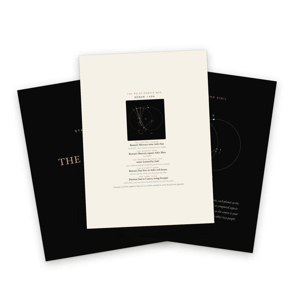 The Mirror, real interior pages including the one page Relationship Map, from a sample couple