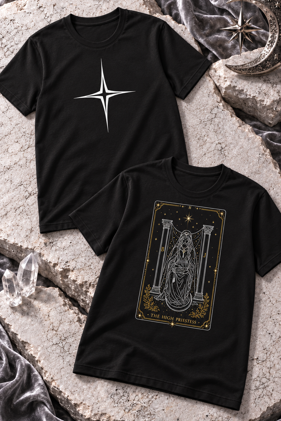Two black tees, one with a white four-point star and one with a High Priestess card graphic.