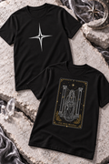 Two black tees, one with a white four-point star and one with a High Priestess card graphic.