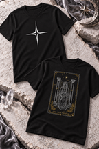 Two black tees, one with a white four-point star and one with a High Priestess card graphic.