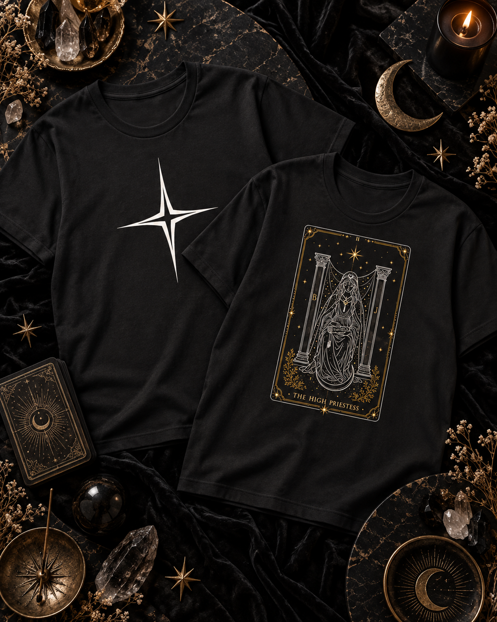 Two black tees, one with a white four-point star and one with a High Priestess card graphic.