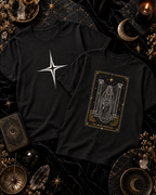 Two black tees, one with a white four-point star and one with a High Priestess card graphic.