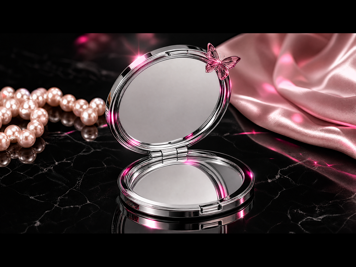 Chrome compact mirror with a pink butterfly