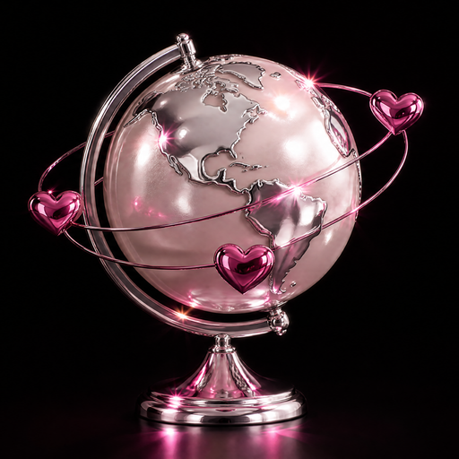 Chrome and pearl world globe with tiny orbiting pink hearts