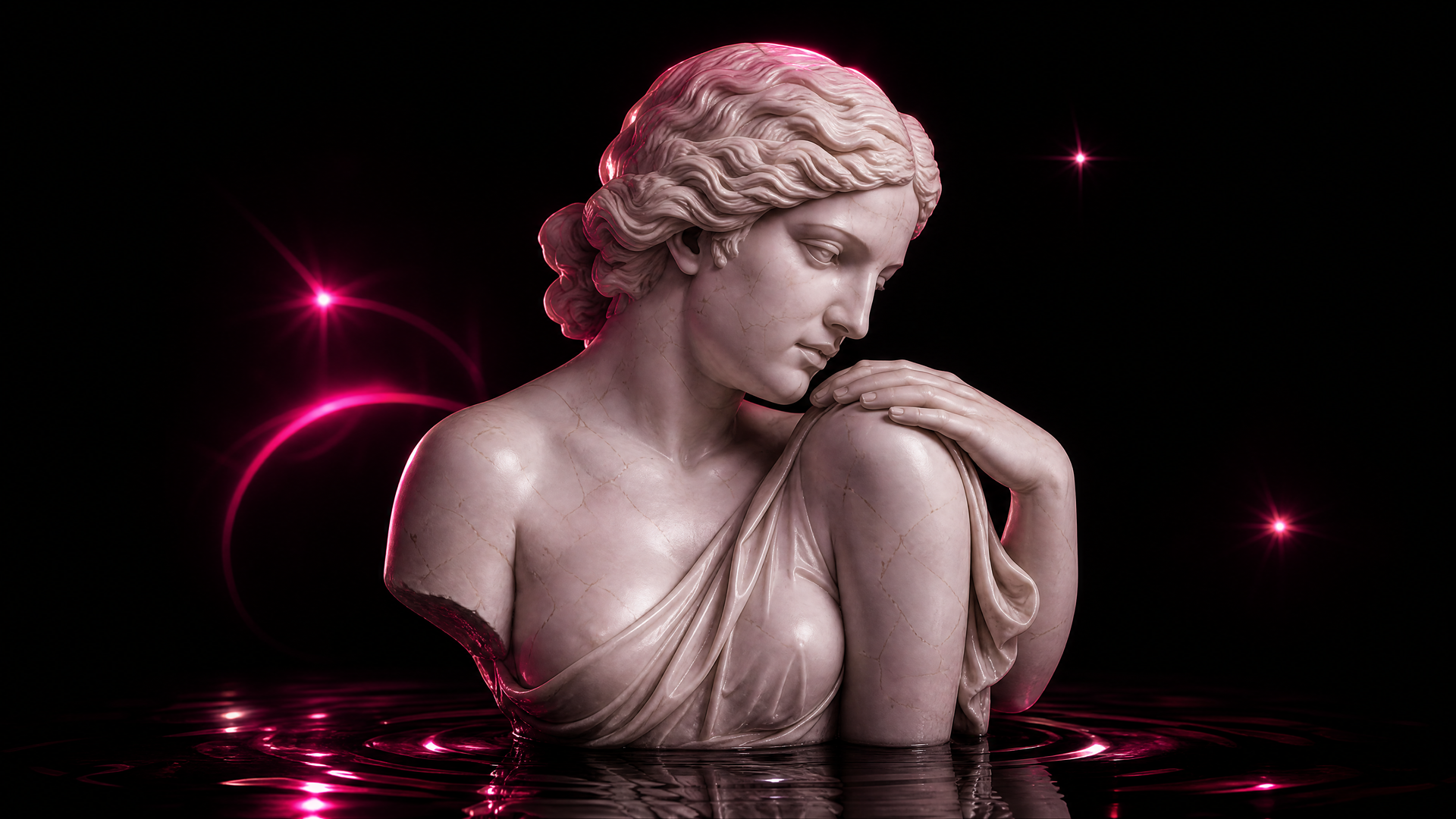 Thoughtful classical marble Venus sculpture in pink light