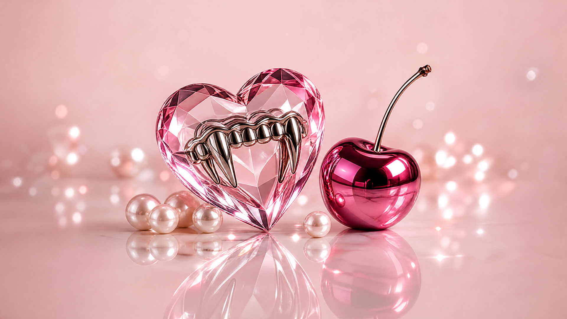 Fanged pink crystal heart and chrome cherry among pearls