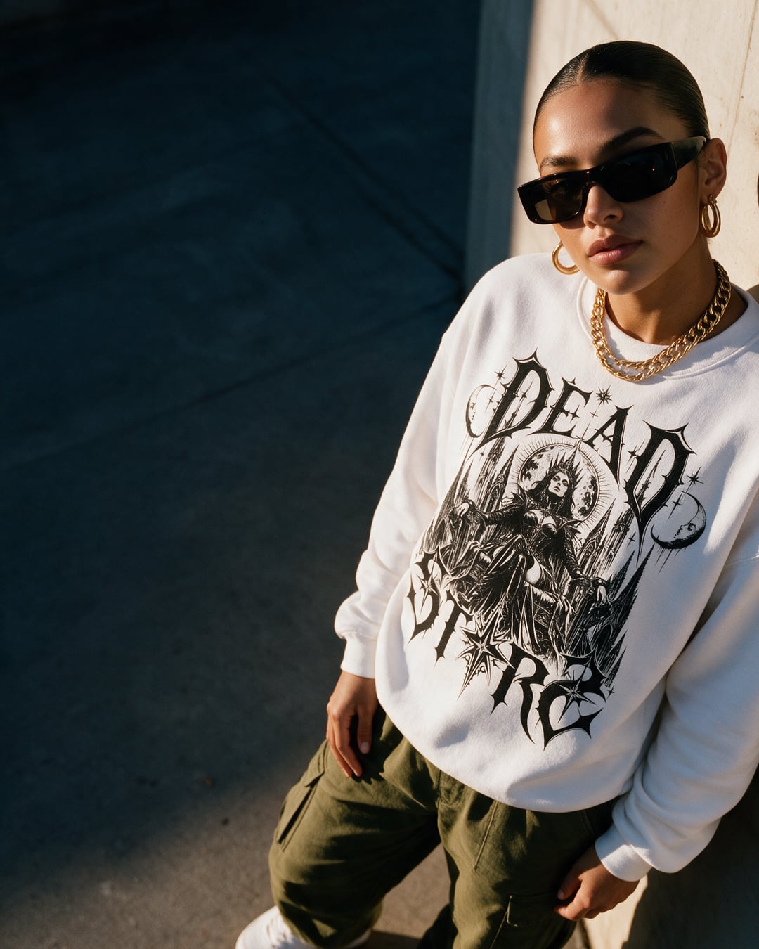 Model in black sunglasses and gold chains leaning on a sunlit concrete wall, wearing the white Ascension sweatshirt with the Dead Stars print.